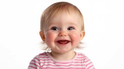 Naklejka premium 59. A little girl with a wide smile, wearing a striped pink and white shirt, on a white background