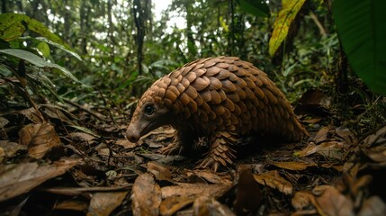 Obraz premium A pangolin walking through the forest, covered in protective scales.
