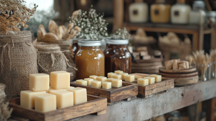 A cozy, warm display of natural beauty products, showcasing handmade lotion bars, wooden trays, and rustic jars in a charming farmhouse-style setting with earthy tones.