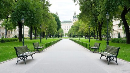 Serene park pathway lined with benches and lush greenery.