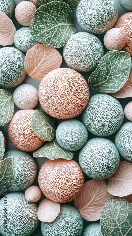 Poster a captivating arrangement showcases an array of textured spheres in vibrant sage green and soft past