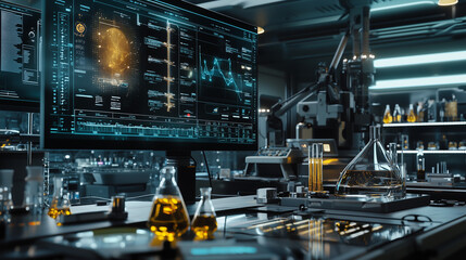 Naklejka premium A high-tech laboratory with a chemist formulating a new skincare product, surrounded by precise instruments, digital interface, and advanced technology for creating innovative beauty solutions.