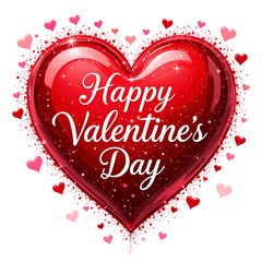 A giant red heart with 'Happy Valentine's Day' in elegant, surrounded by smaller pink and red hearts and sparkles transparent background