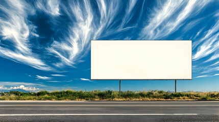 Athletics Against the backdrop of the blue sky, a large white blank billboard or white promotion poster is displayed outdoors. Details and promotions for marketing announcements