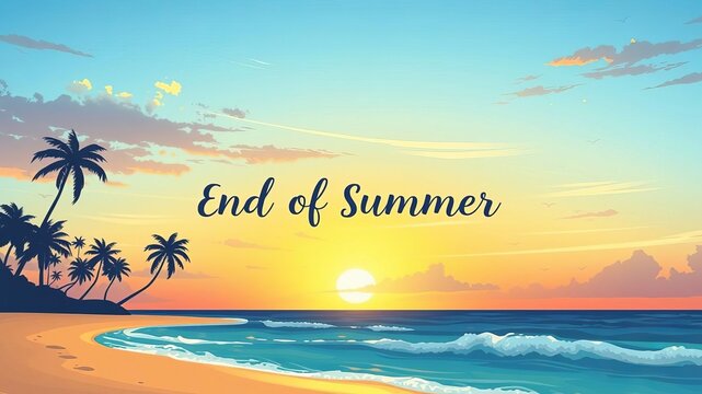 Vector illustration of a colorful end of summer banner featuring beach elements and a sunset backdrop, banner, sea, end of summer