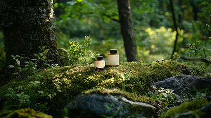 A serene forest scene featuring natural skincare products made from herbs and plants, artfully arranged on moss-covered rocks, surrounded by vibrant greenery and soft, dappled sunlight.