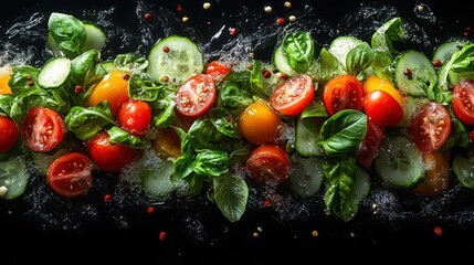 Fresh vegetables in water splash perfect for salad.