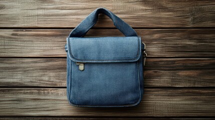 A casual sling bag with a denim finish, isolated on a rustic wooden-textured background.