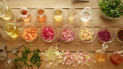 A step-by-step display of DIY perfume-making, with fresh flower petals, measuring tools, and glass beakers arranged on a wooden table, showcasing the creative process of crafting personalized fragranc
