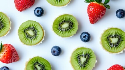 Elegant arrangement of fruit tarts featuring kiwi, strawberries, and blueberries on a pristine white background