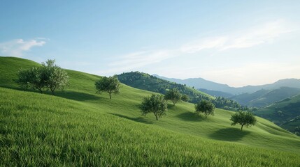 Lush green hills with trees under a clear blue sky.