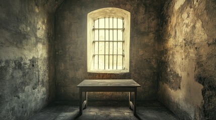 Empty prison cell featuring a barred window with soft light, solitary table, and rough-textured walls