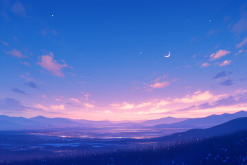 pastel twilight over a lush valley with a crescent moon and scattered stars