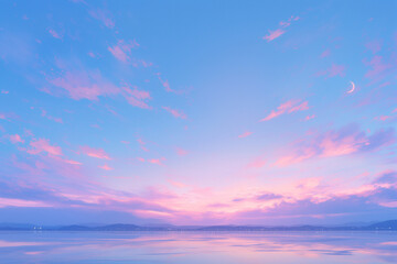 Obraz premium serene lake scene under a pink sunset sky with a delicate crescent moon high above