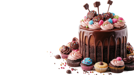 Modern beautiful cake with chocolate pouring from bottom to the top Decorated with colorful sweets cupcakes cookies and toffees isolated on a white background