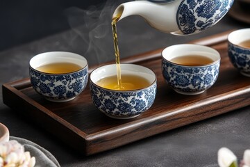 A porcelain teapot pours tea into a blue and white cup on the table