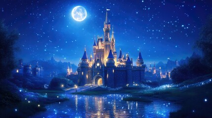 Obraz premium Glittering fairy tale castle illuminated by a full moon, nestled in a dreamlike valley with sparkling rivers