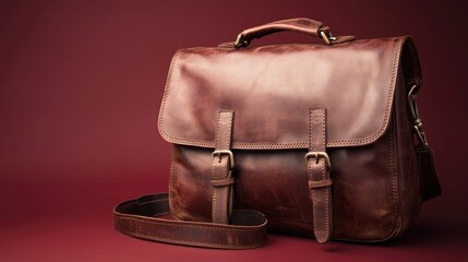 A leather brown satchel bag on a dark red background, giving off a classic and rustic vibe.