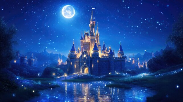 Glittering fairy tale castle illuminated by a full moon, nestled in a dreamlike valley with sparkling rivers - Powered by Adobe