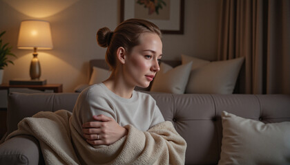 Young woman experiencing discomfort while resting on a cozy couch in a softly lit living room
