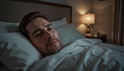 Man resting peacefully in bed under soft lighting, recovering from flu, showcasing calmness and comfort