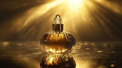 An elegant concept of luxury body oil in a glass dropper bottle, captured with golden lighting and reflective effects, emphasizing its richness and luxurious texture.