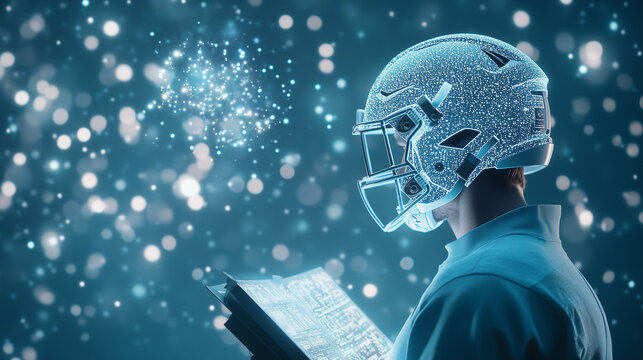 Strategic Playbook: Futuristic vision of an American football player studying a glowing playbook, helmet adorned with digital constellations, set against a bokeh backdrop.