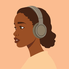 afro person listening to music, Vector avatar in muted earth tones browns and beiges.  Illustrates a young African woman in profile, wearing headphones, showing concentration. Flat style, clean lines.