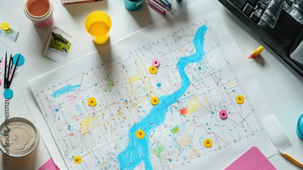 Fototapete hand-sketched map with dotted lines, colorful points, and location markers on a white workspace