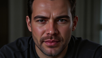 Fototapeta premium Intense adult man with serious expression in soft lighting, close-up shot in simple indoor setting
