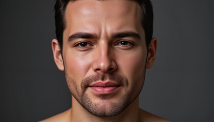 Fototapeta premium Close-up of a young man making an annoyed expression under soft lighting in a neutral setting