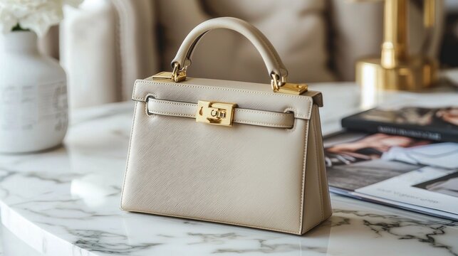 Elegant Beige Handbag on Marble Surface