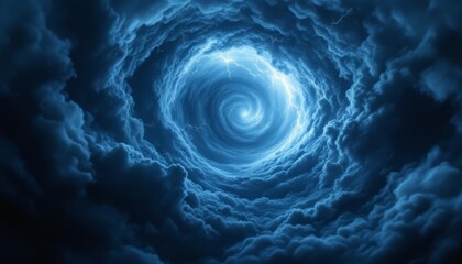 Dramatic visualization of chaotic air currents during a thunderstorm, with swirling patterns in dark blue and gray hues, illuminated by lightning flashes