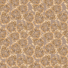 Animal print with uneven shapes in coffee brown and beige isolated on dark. African motifs seamless pattern hand drawn. Exotic textures repeat background. Watercolor brushstroke, drops mocha colors.