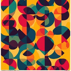 Abstract geometric pattern with overlapping circles and shapes in vibrant colors.