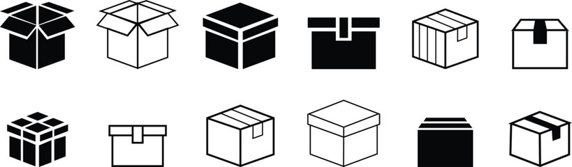Box icon set, vector graphic design elements, delivery box or container icons. shopping sign, simple flat carton boxes, isolated on transparent background. Packaging for web, mobile apps ui design