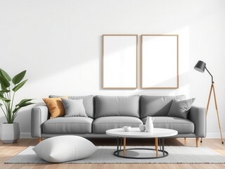 Fototapeta premium A modern living room with a gray sofa and a stylish wall art mockup, showcasing how different decor pieces can be previewed in a space, room mockup, wall art, stylish