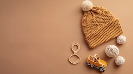 Mustard yellow baby hat, wooden toy car, and teethers on beige background.