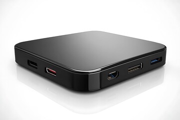 Sleek Black Media Streaming Device with Multiple Ports on White Background