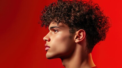 A tapered afro hairstyle for men on a bold red background, celebrating natural hair texture.