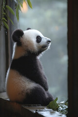 Obraz premium A Baby Panda Gazing Out A Window In The Rain