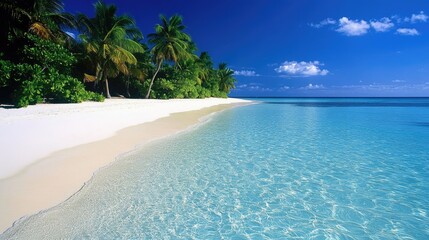 Fototapeta premium A tropical beach with crystal-clear turquoise waters, lined with lush green palm trees on the coast.