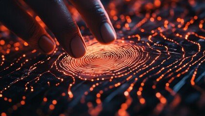 Fingertip scanning glowing fingerprint biometric futuristic technology.