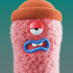 3d fluffy comic character fur face texture with emotion expression render. Cartoon fuzzy curly head in hat with color eye, mouth and teeth. Cute furry wool mascot tired, sleepy, bored. 3D illustration