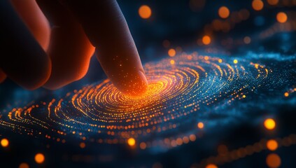 Fingertip activates glowing digital spiral interface.