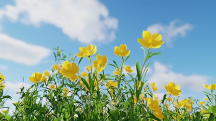 Bright yellow flowers against a blue sky with fluffy clouds.