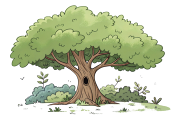 a cartoon illustration of a tree with a large canopy of green leaves