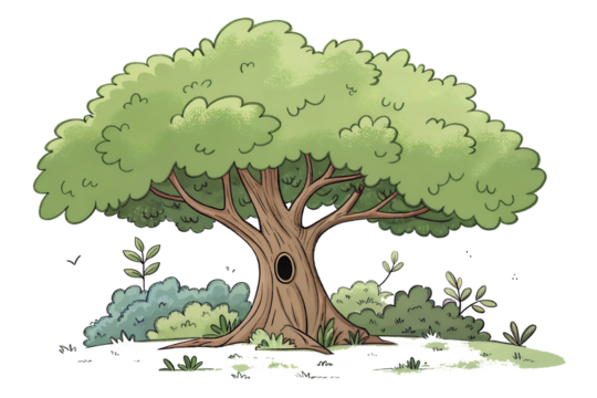 a cartoon illustration of a tree with a large canopy of green leaves