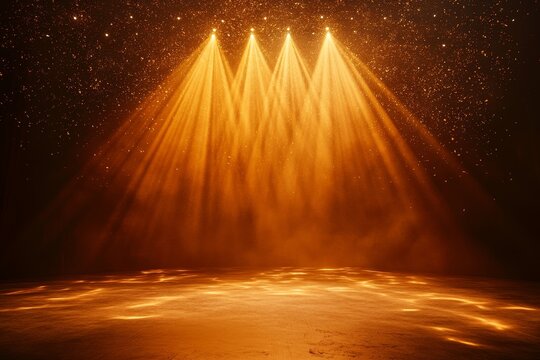 Three golden spotlights illuminate a dark stage with shimmering particles.