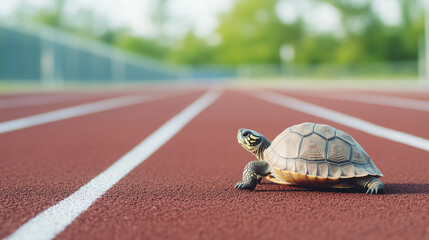 Turtle on Running Track: A determined turtle slowly makes its way down the red running track, symbolizing perseverance and steady progress.